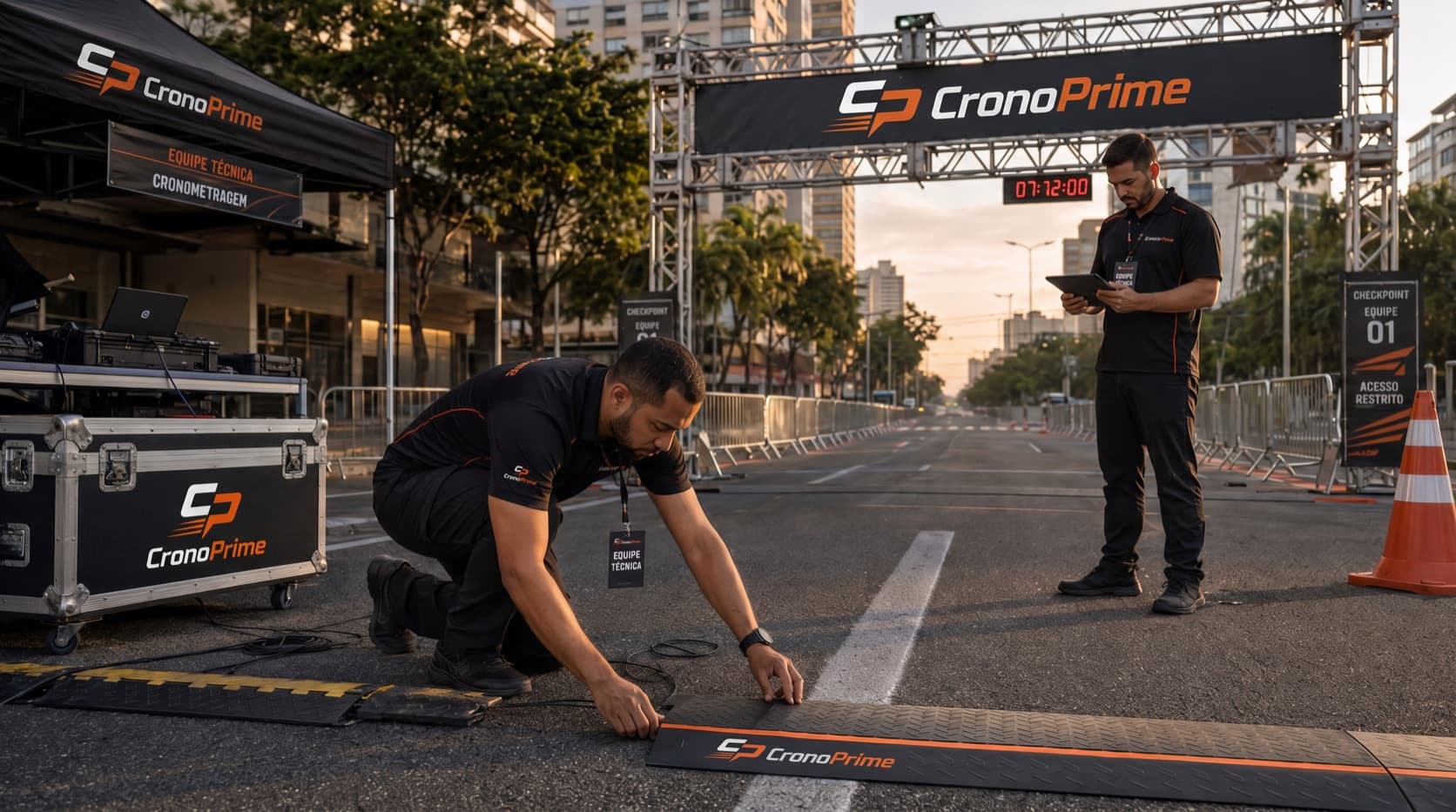 Técnicos de cronometragem instalando o tapete de leitura na linha de largada ao amanhecer